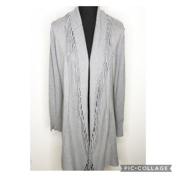 WHBM gray fringe trim open front long wool blend cardigan size Medium - Picture 1 of 15